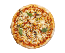 Pizza au poulet, maïs et basilic